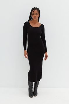 A thick knit midi dress with scoop neck and side slit. Layered here with our Wool Coat Black Long Sleeve Midi Dress, Fall Boots Outfit, Scoop Neck Midi Dress, Black Knit Dress, Grey Knit Sweater, Knit Midi, Knit Midi Dress, Black Midi Dress, Black Knit