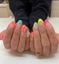 Cute Summer Nail Inspo 2023, Preppy Nails Medium Length, Multiple Nail Designs On One Hand, Summer Nails All Different Colors, French Tip Back To School Nails, Neon Beach Nails Bright Colors, Cute Round French Tip Nails, Preppy Nails Almond Short, Bright Summer Nails Simple