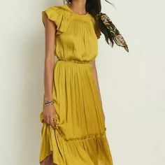 This Striking Midi Dress Features Flutter Sleeves For A Sweetly Feminine Finish. Spring Midi Dress With Ruffles And Butterfly Sleeves, Midi Dress With Ruffle Sleeves For Brunch, Casual Flutter Sleeve Midi Dress For Brunch, Casual Midi Dress With Flutter Sleeves For Brunch, Solid Color Flowy Midi Dress With Flutter Sleeves, Solid Spring Dress With Flutter Sleeves, Spring Dresses With Flutter Sleeves In Solid Color, Casual Pleated Dresses With Flutter Sleeves, Solid Color Flutter Sleeve Spring Dresses