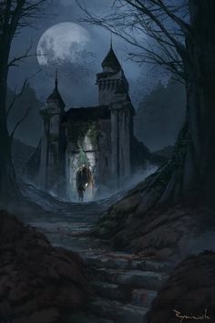 a creepy castle in the middle of a forest at night with a man walking towards it