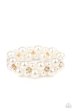 A bubbly collection of white pearls and classic white rhinestone encrusted gold frames are threaded along stretchy bands around the wrist, creating flirtatious refinement. Sold as one individual bracelet. Mix and match accessories to create a unique look. Shop the gold collection for matching jewelry. Gold Stretch Bracelet, Gold Pearl Bracelet, Gold Frames, Jewelry Watch, Matching Jewelry, Jewelry Images, Paparazzi Accessories, Stretchy Bracelets, White Rhinestone