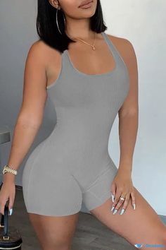 OrcaJump - Womens Red Solid U-Neck Skinny Backless Casual Sportswear Romper Stretch Solid Color Jumpsuits And Rompers For Leisure, Casual Sports Racerback Bodysuit, Casual Stretch Racerback Bodysuit, Casual Racerback Sports Bodysuit, Stretch Casual Racerback Bodysuit, Casual High Stretch Gray Bodysuit, Casual Gray Bodysuit For Workout, Casual Gray High Stretch Bodysuit, Sporty Sleeveless Gray Bodysuit