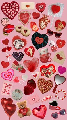 valentine's day collage with lots of heart shaped objects on pink background photo