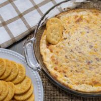 a cheesy dish with crackers on the side