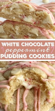 white chocolate peppermint pudding cookies with pink sprinkles are stacked on top of each other