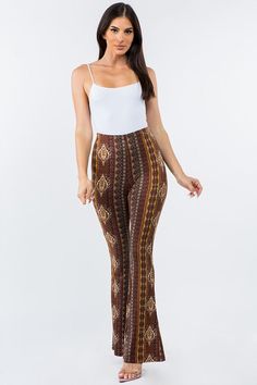 Bear Dance Boho baroque print soft skinny flared legging bell bottom pants. Elastic waistband. Everybody loves a comfy pair of skinny pants, so cute, goes with almost anything. Brushed fabric. Color: BrownSizes: S-M-L Waist 26-28-30, (stretch 4") Length long 33-34 95% Polyester, 5% Spandex, hand wash cold, imported L5/P1740 Fitted Bohemian Brown Pants, Brown Fitted Bohemian Bottoms, Fitted Brown Bohemian Bottoms, Fitted Bohemian Brown Bottoms, Fall Winter Jacket, Baroque Print, Fall Denim, Bell Bottom Pants, Plus Size Pants