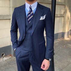 Fitted Business Sets With Pockets, Fitted Blue Three-piece Suit With Pockets, Blue Fitted Three-piece Suit, Fitted Blue Sets With Pockets, Fitted Blue Suit With Pockets, Fitted Blue Suits With Pockets, Blue Fitted Suits With Pockets, Fitted Pinstripe Sets For Semi-formal Occasions, Blue Business Sets With Pockets