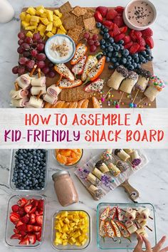 Snack board with assorted kid-friendly snacks including grapes, pineapple, stuffed mini sweet peppers, yogurt dip ad berrries After School Snack, Snack Platter, Kid Friendly Snack, Party Food Platters, School Snack, Summer Lunch, Charcuterie Recipes