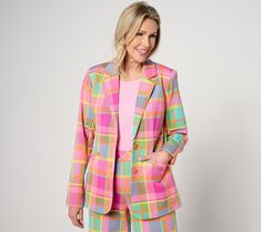 Perky plaids are playing a huge roll in runway ready looks this season -- and Isaac has just the thing to get you in on the trend. With a single-breasted and notched lapel design combined with spring-fresh colors, this 24/7 Stretch blazer with be the layer you can't live without. From Isaac Mizrahi Live!TM. Spring Tailored Plaid Blazer, Tailored Plaid Blazer For Spring, Spring Single-breasted Plaid Blazer, Spring Single Breasted Plaid Blazer, Spring Plaid Blazer With Lapel Collar, Spring Fitted Plaid Blazer, Fitted Plaid Blazer For Spring, Plaid Button-up Blazer For Spring, Spring Plaid Button-up Blazer