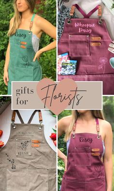 four different aprons with the words gifts for florists written on them