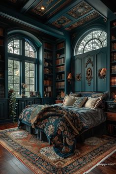 a bedroom with blue walls and lots of bookshelves