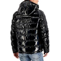 Make a shining entrance with the glossy finish of this modern, hooded holographic puffer jacket by GUESS. A detachable hood and medium-weight design allow for versatile, comfortable wear on dour days..Medium weight.Hits at waist.Regular fit.Zip-through collar; full-zip front closure; detachable adjustable hood.Two zipper hand pockets.Logo name down left sleeve; logo patch at left chest.Shell: polyester; lining: polyester.Machine washable.Imported Casual Hooded Metallic Outerwear, Metallic Hooded Winter Outerwear, Metallic Winter Streetwear Outerwear, Metallic Outerwear For Winter Streetwear, Metallic Winter Outerwear For Streetwear, Guess Clothing, Streetwear Jackets, Jacket Puffer, Shiny Jacket