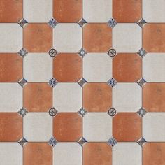 an orange and white checkered tile pattern with blue accents on the bottom right corner