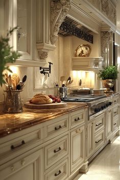 a kitchen filled with lots of white cabinets and counter top covered in utensils