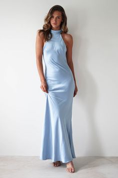 Natalia Soft Satin Maxi Dress | Blue Graduation Dresses High School, Pastel Wedding Dresses, Yellow Formal Dress, Light Blue Bridesmaid Dresses, Cute Formal Dresses, White Bridal Dresses, Maxi Dress Wedding Guest, White Bridesmaid Dresses, Marine Uniform