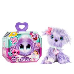 a purple stuffed animal next to a box