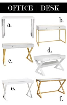 office desks with gold legs and white top, all in different sizes and shapes