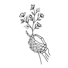 a drawing of a hand holding a plant with leaves and flowers on it's fingers