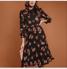 FREE SHIPPING Flower Print A-line Autumn Dress JKP3397 Black A-line Midi Dress With Feminine Style, Feminine A-line Midi Dress For Fall, Formal Dresses Floral, New Trendy Dresses, Dresses Date, Vestidos Casual, Pleated Dresses, Long Summer Dresses Maxi, Woman Dresses