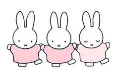 three little rabbits in pink dresses with their eyes closed and one is holding the other's hand