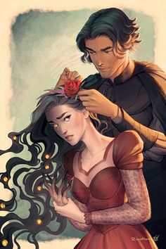 an illustration of a man combing a woman's hair with flowers in her hair