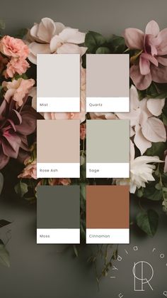 A color palette featuring soft earth tones: brown, moss green, sage green, muted rose, blush, and grey. These harmonious and natural hues create a soothing and elegant combination, perfect for branding, design projects, or weddings. Muted Neutrals Color Palette, Sage Wedding Pallet, Sage And Gray Color Palette, Beautiful Colour Palettes, Bathroom Natural Colours, Sage Neutral Color Palette, Mauve Grey Color Palette, Earth Neutral Color Palette, Muted Colour Scheme