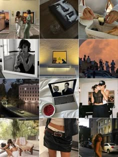 a collage of photos with people in the background and one woman on her laptop