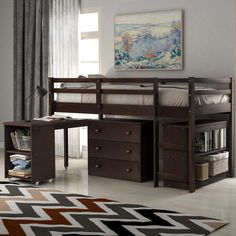 a loft bed with drawers underneath it and a desk under the bed in front of it