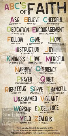 ABC's of Faith (Pack of 10) Info-Cards or Oversize Bookmarks - Glad Tidings Publishing Narrow Gate Bible Craft, The Gospels Bible Study, Bible Verse For Lost Loved Ones, Bible Verses For School, Bible Verses For Teachers, Bible Flash Cards, Bible Verses On Faith, Verses On Faith, Bible Alphabet