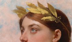 a painting of a woman with leaves on her head, looking off to the side