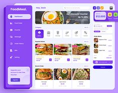 the food menu is displayed on an iphone and tablet screen, with purple colors in the background