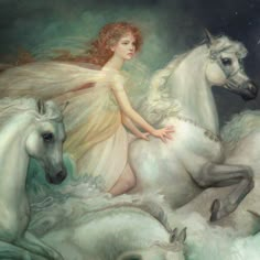 a painting of a woman riding on the back of a white horse in front of a black background