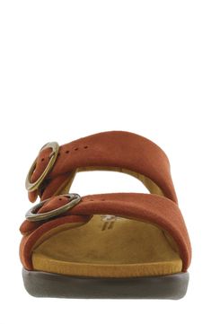 A cushioned, shock-absorbing footbed with pressure-point support provides all-day comfort for this sandal fitted with adjustable straps for a perfect fit. 1 1/2" heel; 3/4" platform; 3/4" slope (size 8.5) Adjustable slingback strap with buckle closure Two adjustable buckle straps Cushioned footbed with arch support Leather upper/synthetic lining and sole Made in the USA Adjustable Slingback Footbed Sandals With Leather Footbed, Adjustable Slingback Leather Footbed Sandals, Adjustable Slingback Footbed Sandals With Arch Support, Adjustable Footbed Sandals With Arch Support And Slingback, Comfortable Leather Slingback Footbed Sandals, Comfortable Adjustable Footbed Sandals With Buckle, Comfortable Slingback Sandals With Cushioned Footbed, Comfortable Footbed Sandals With Adjustable Strap, Comfortable Toe Loop Sandals With Cushioned Footbed