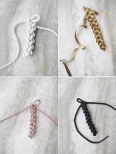 four different types of crochet hair ties on a white surface with gold and black ribbons