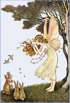 an illustration of a fairy playing with rabbits