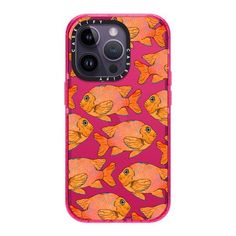 an orange and pink phone case with yellow fish on it's back, in front of a white background