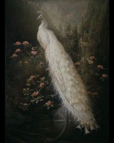 a painting of a white peacock standing in front of some pink flowers and trees, with dark background