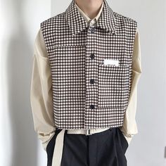 Spring and Autumn Senior Retro Houndstooth Short Vest for Men Coat England Design Sleeveless Coat Korean Fashion Waistcoat Casual Business Vest Outerwear, Casual Business Vest With Pockets, Casual Single-breasted Business Vest, Fall Business Sleeveless Outerwear, Plaid Sleeveless Outerwear For Fall, Clothing Minimalist, Plaid Outerwear, Waistcoat Fashion, Vests Men