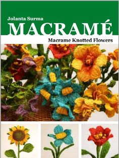 crochet book with pictures of flowers in different colors and sizes, including the words macrame