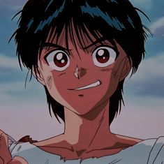 an anime character with black hair and big eyes looks at the camera while holding something in his hand