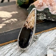 Size 6 Large Fossilized Palm Root Statement Ring in Fine Silver - Black Stone Ring / Foxlark Collection - One of a Kind Large Stone Rings, Displaying Crystals, Black Stone Ring, Paper Jewelry, Gothic Jewelry, Black Stone, Stone Ring, Kraft Paper, Fine Silver