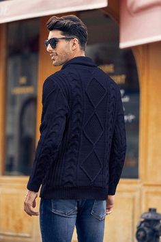 Navy Shawl Collar Chunky Knitted Slim Fit Sweater Imported 100% Polyester Hand Wash Only Pull On Closure Brand Size Size Chest XS 32 34 S 34-36 36 - 38 M 38-40 40 - 42 L 42-44 44 - 46 XL 46-48 48 - 50 2XL 50-52 52 - 54 Mens Shawl Collar Sweater, Mens Shawl, Shawl Collar Sweater, Slim Fit Sweater, Winter Knit Hats, Boot Accessories, Winter Knits, Mens Sandals, Shawl Collar