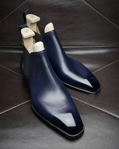 New Handmade Men Blue Calf Leather Chelsea Boot sold by LeatherLooms on Storenvy Blue Leather Business Shoes With Leather Lining, Blue Leather Shoes With Leather Lining For Business, Business Blue Leather Shoes With Leather Lining, Blue Leather Dress Shoes For Business, Classic Blue Boots With Leather Sole, Classic Blue Leather Dress Shoes, Elegant Blue Slip-on Leather Shoes, Blue Leather Slip-on Dress Shoes, Blue Leather Fitted Dress Shoes