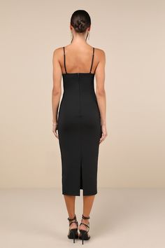 You're invited to be the best dressed in the room with the Lulus Sophisticated Soiree Black Bustier Midi Bodycon Dress! Medium-weight, stretchy crepe knit shapes this sultry dress that has a bustier-inspired bodice with seamed cups and a V-neckline, supported by adjustable spaghetti straps. High, fitted waist tops a figure-hugging, bodycon midi skirt with a kick pleat at the back. Hidden back zipper/clasp. Fit: This garment fits true to size. Length: Mid-calf length. Size medium measures 42.50" from adjustable straps to hem. Bust: Great for any cup size. Waist: Fitted - very fitted at natural waist. Hip: Fitted - stretchy fabric allows room for hips. Undergarments: Padded cups - May be worn with petals, or no bra. Fabric: Fabric has some stretch. Fully lined. Shell: 87% Polyester, 13% Span Sultry Dress, Bodycon Midi Skirt, Midi Bodycon Dress, Black Bustier, You're Invited, Bodycon Midi Dress, Kick Pleat, Short Bridesmaid Dresses, In The Room