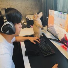 a young boy wearing headphones plays with a cat on a computer keyboard and monitor