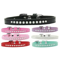 four different colored leather dog collars with white and black beads on each one side