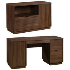 two wooden desks side by side with drawers