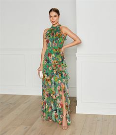 Betsy & Adam Halter Neck Sleeveless Ruffle Front Floral Chiffon Maxi Dress | Dillard's Dress Clothes For Women, Chiffon Dress