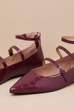 From jeans to slacks, the Lulus Paysen Burgundy Crocodile-Embossed Ankle Strap Ballet Flats will elevate any 'fit, any day of the week! These croc-embossed, faux leather flats feature a classic pointed-toe upper with a low-cut collar and two, slender adjustable vamp straps that secure with shiny silver buckles. A matching ankle strap sprouts from the heel, while an exposed gunmetal zipper at the back allows for easy on-and-off. Available in whole sizes only. 0. 25" rubber heel. Cushioned insole. Day Of The Week, Rubber Heels, Shiny Silver, Leather Flats, Womens Flats, Low Cut, Sprouts, Ballet Flats, Ankle Strap