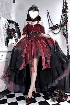 Succubus Clothing, Black And Red Dress, Steampunk Dress Victorian, Red Fantasy Dress, Red Gothic Costume Dress, Red Gothic Dress, Black Princess Dress, Gothic Red Dress With Lace Trim, Red Gothic Dress With Ruffles